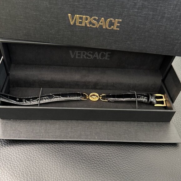 Versace 1015270 Medusa Calf Black Leather Embossed Croc Bracelet - Picture 10 of 10